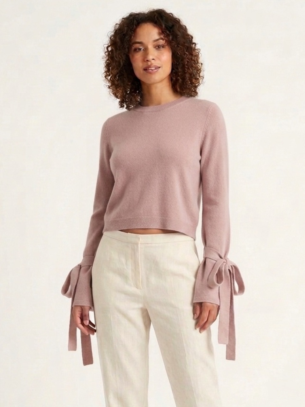 Brown Allan Dusty Rose Pink Fine Merino Yak Knit Bell Sleeve Bow Sweater Medium